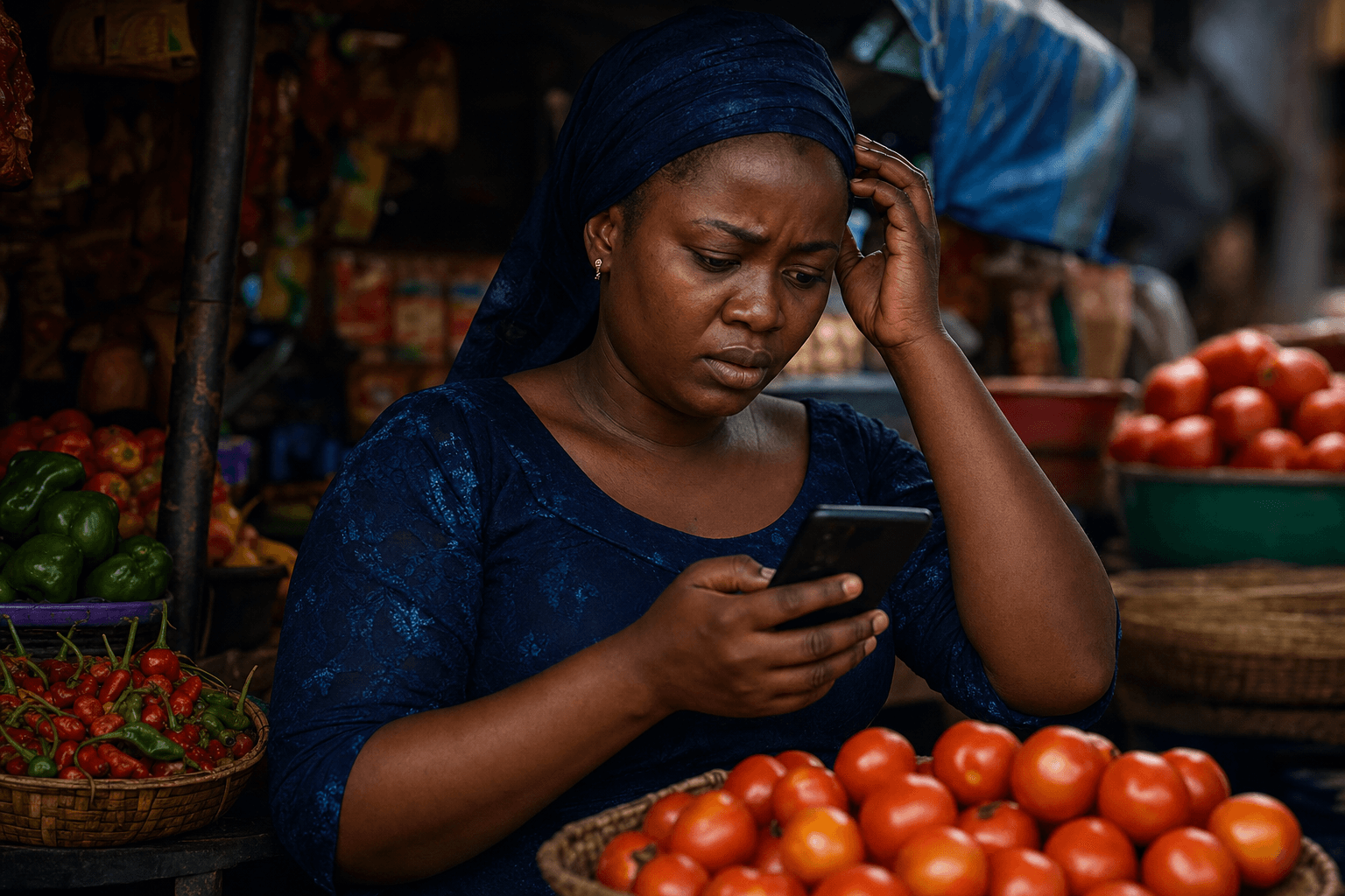 Adesuwa at Balogun Market checking her phone